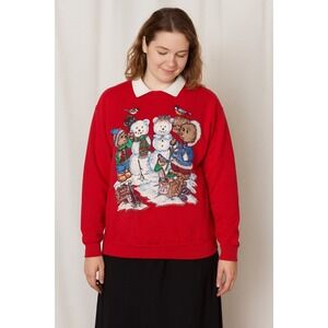 Vintage‎ Christmas Teddy Bear Snowman Sweatshirt XL Red Holiday 90s Festive